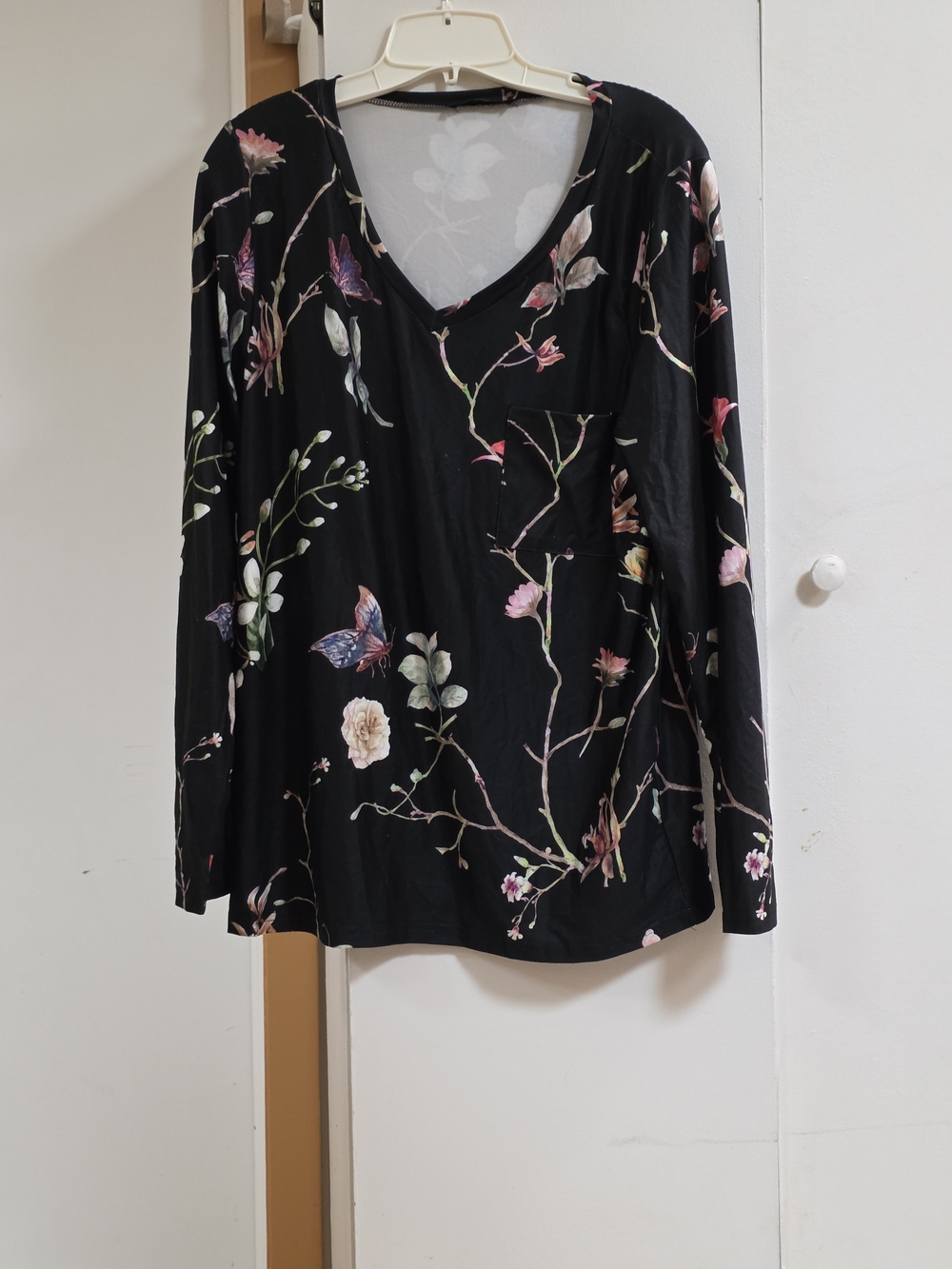 V-Neck Long Sleeve Floral Tee - Black with Multi Floral Print